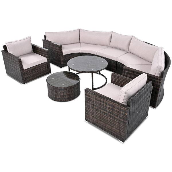 Brown 9-Piece Wicker Half-moon Outdoor Sectional Set, Modern