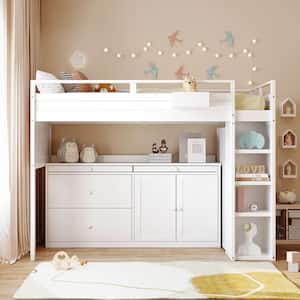 White Twin Size Pinewood Loft Bed with Rolling Cabinet, Desk, and Storage Drawers