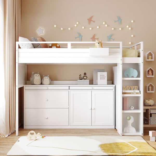 Polibi White Twin Size Pinewood Loft Bed with Rolling Cabinet, Desk, and Storage Drawers