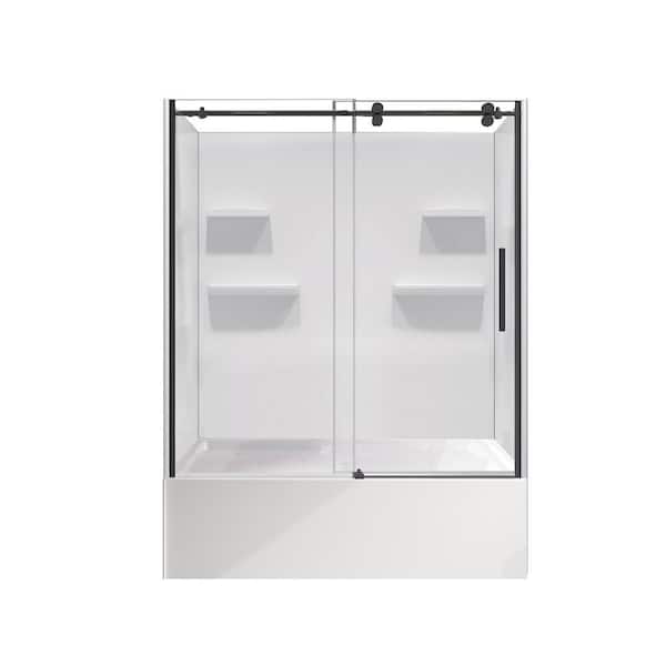 Beladone 82 in. x 32 in. Left Skirted Soaking Bathtub Kit with Center Drain in White with Matte Black Accents