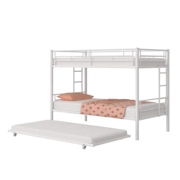 VECELO Bunk Bed with Trundle, Twin over Twin Metal Bunkbeds with Ladder and Full-Length Guardrail, Noise Free, White