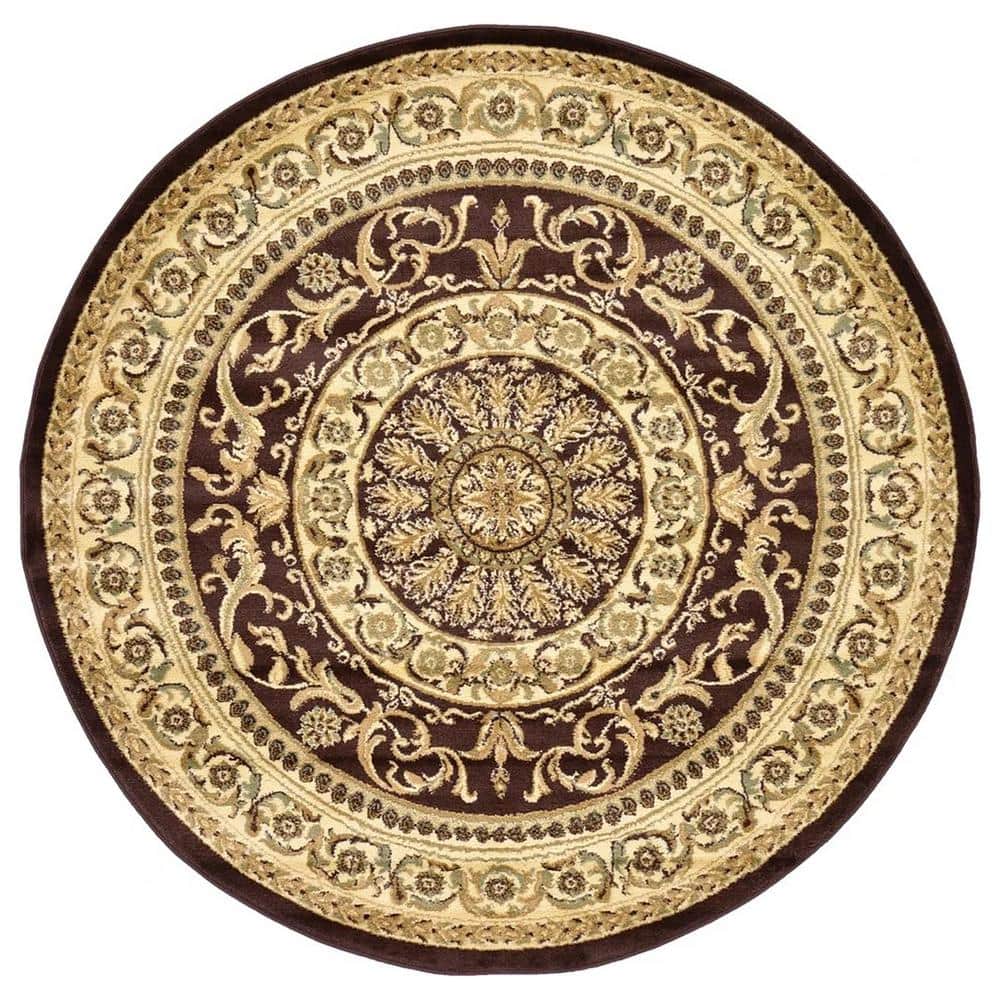 Brown Polypropylene 6 ft. x 6 ft. Medallion Indoor Round Area Rug