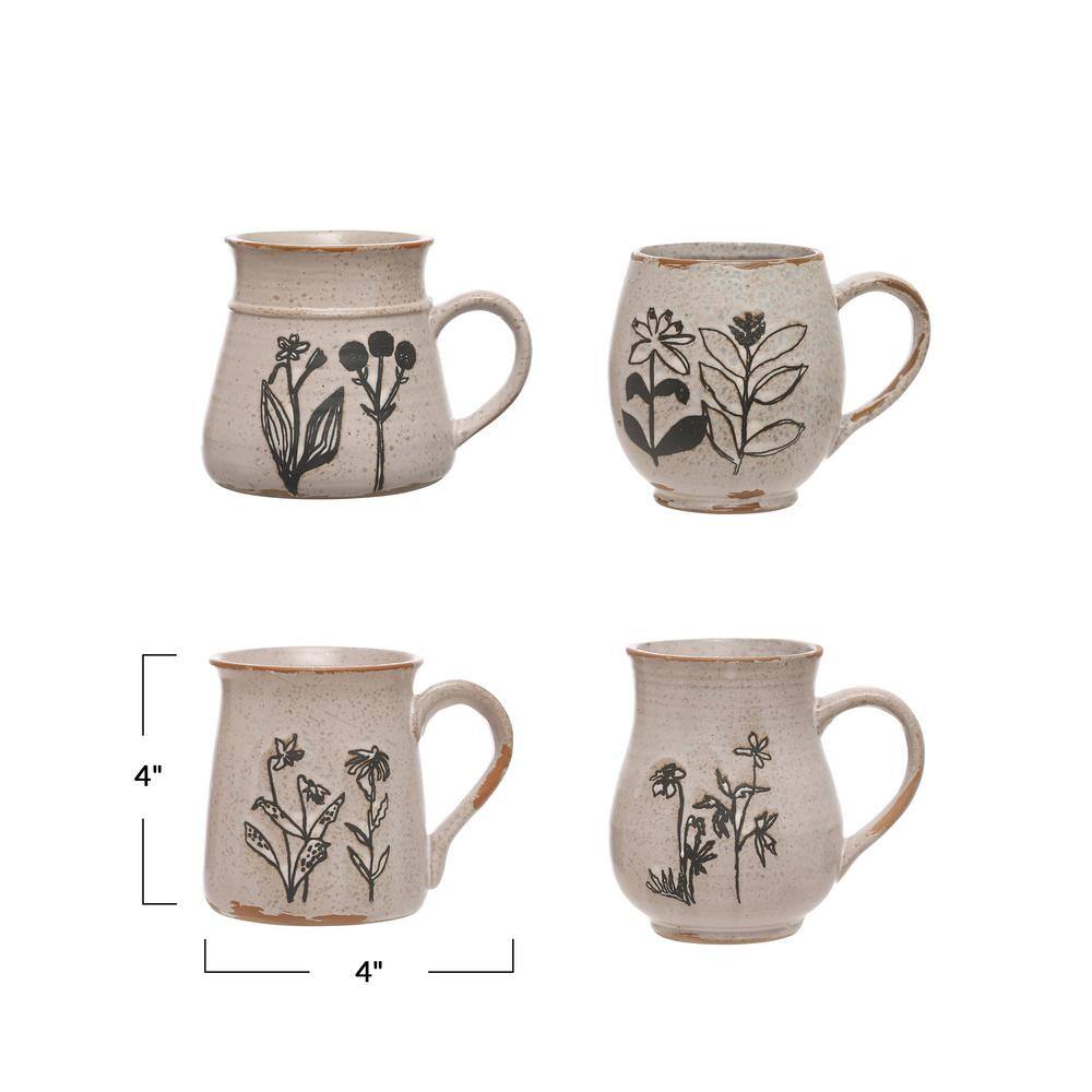 Set of 4 White Ceramic Mugs with Floral Designs