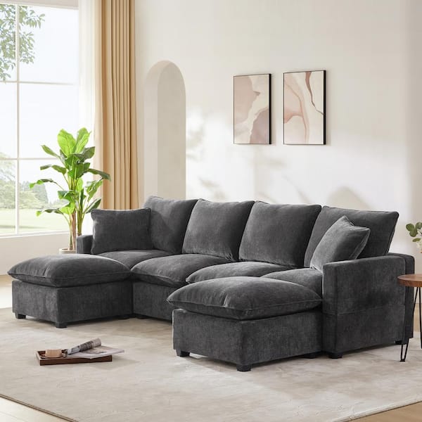 Harper & Bright Designs 110 in. Straight Arm Chenille U-Shape Sectional Sofa in Black-Gray with 2 Pillows, 2 Ottomans, Freely Combinable Seats