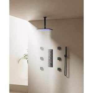 7-Spray Patterns with 12 in. Ceiling Mounted Massage Fixed Shower Head with LED in Matte Black