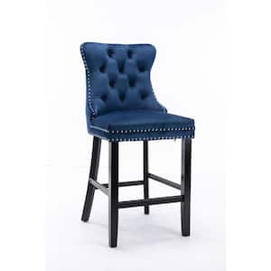 41.3 in. Blue Velvet Upholstered Low Back Barstools with Button Tufted Wood Legs Chrome Nailhead Trim (Set of 2)