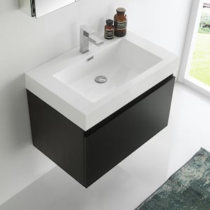 Mezzo 30 in. Vanity in Black with Acrylic Vanity Top in White with White Basin and Mirrored Medicine Cabinet