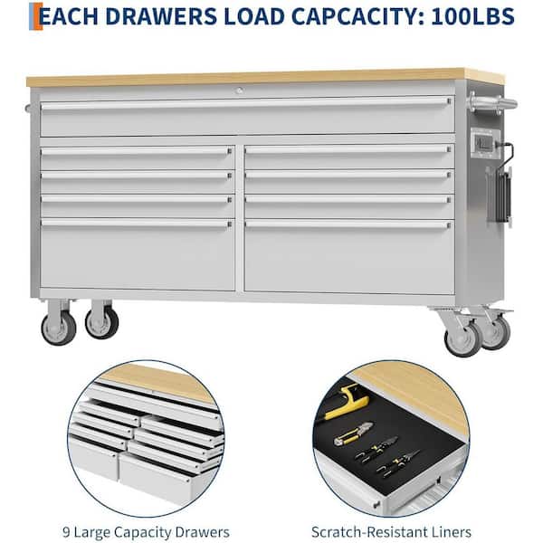 Garvee 61 in. W x 18 in. D Heavy Duty 9-Drawer Mobile Workbench
