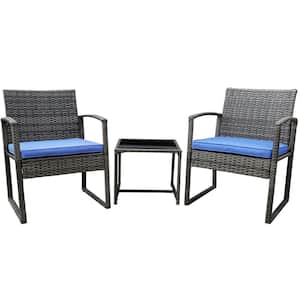 Vesso 3-Piece Wicker Rattan Outdoor Patio Furniture Modern Bistro Set with Coffee Table with Dark Blue Cushion