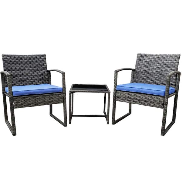 Pyramid Home Decor Vesso 3-Piece Wicker Rattan Outdoor Patio Furniture Modern Bistro Set with Coffee Table with Dark Blue Cushion