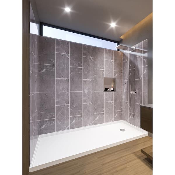 NuVo Platinum Grey 60-in x 34-in x 83-in 7 Pieces Alcove Shower Kit With Glue Up Shower Wall and Shower Pan Center Drain