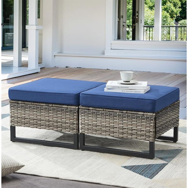 Pocassy 2-Pack Gray Wicker Outdoor Ottoman Steel Frame Footstool with Removable Blue Cushions
