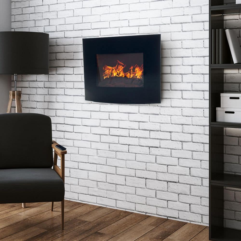 Black Curved Glass Wall Mount Electric Fireplace with Remote