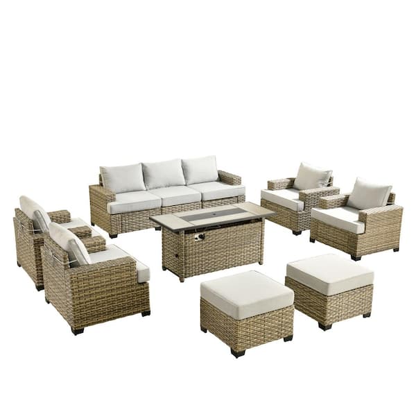 Kelleys 10-Piece Wicker Modern Outdoor Patio Furniture Conversation Sofa Set with a Fire Pit and Light Grey Cushions