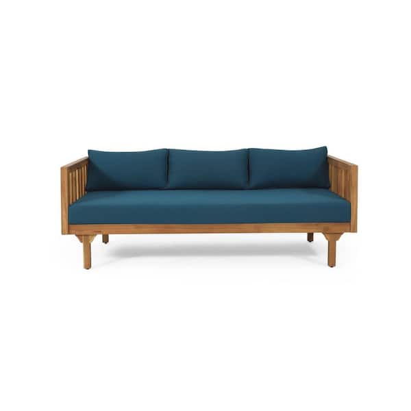 Miscool Anky Teak Wood Outdoor 3-Seats Sofa Couch with Blue Cushions
