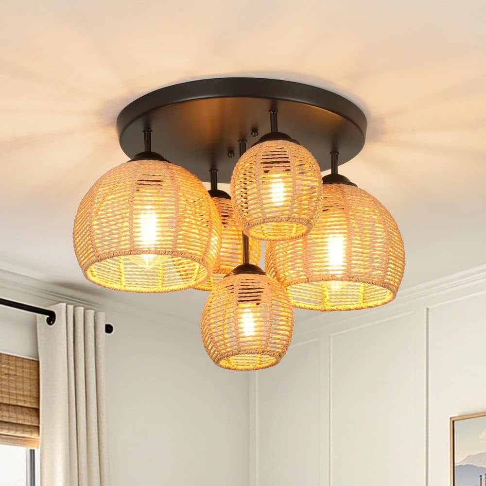 TOZING 13.78 in. 5-Light Black Modern Semi-Flush Mount Ceiling