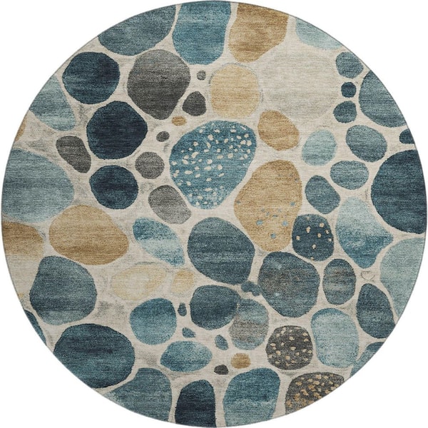 Mayfield Premium Machine Washable Abstract AMF1993 Teal 8 ft. x 8 ft. Round Rug