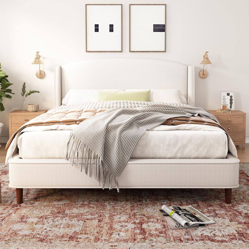 Beige Wood Frame King Size Upholstered Platform Bed with Wingback Headboard - thumbnail 10