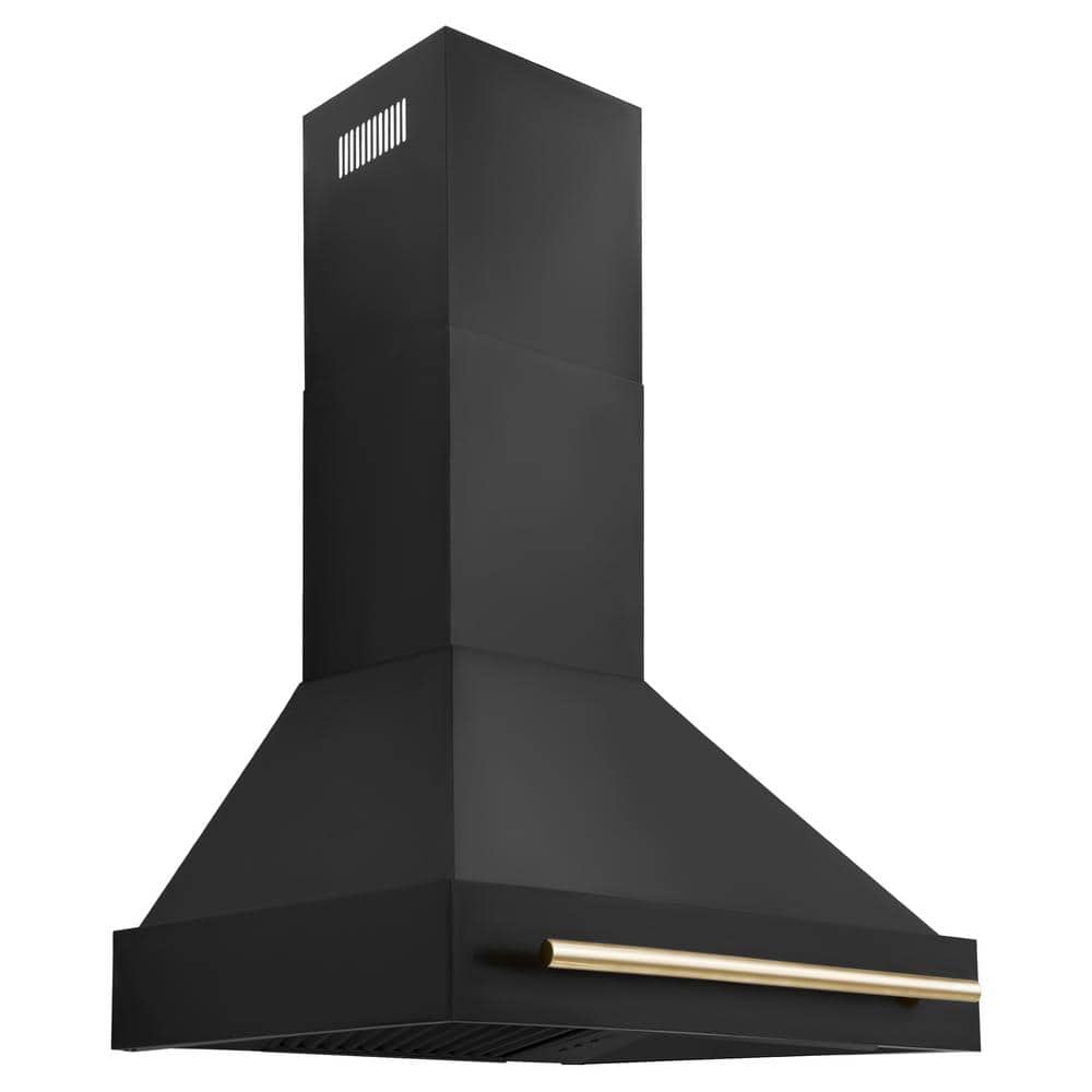 ZLINE Kitchen and Bath Autograph Edition 30 in. 400 CFM Convertible Vent Wall Mount Range Hood w/ Polished Gold Handle in Black Stainless Steel, Black Stainless Steel & Polished Gold -  BS655Z-30-G