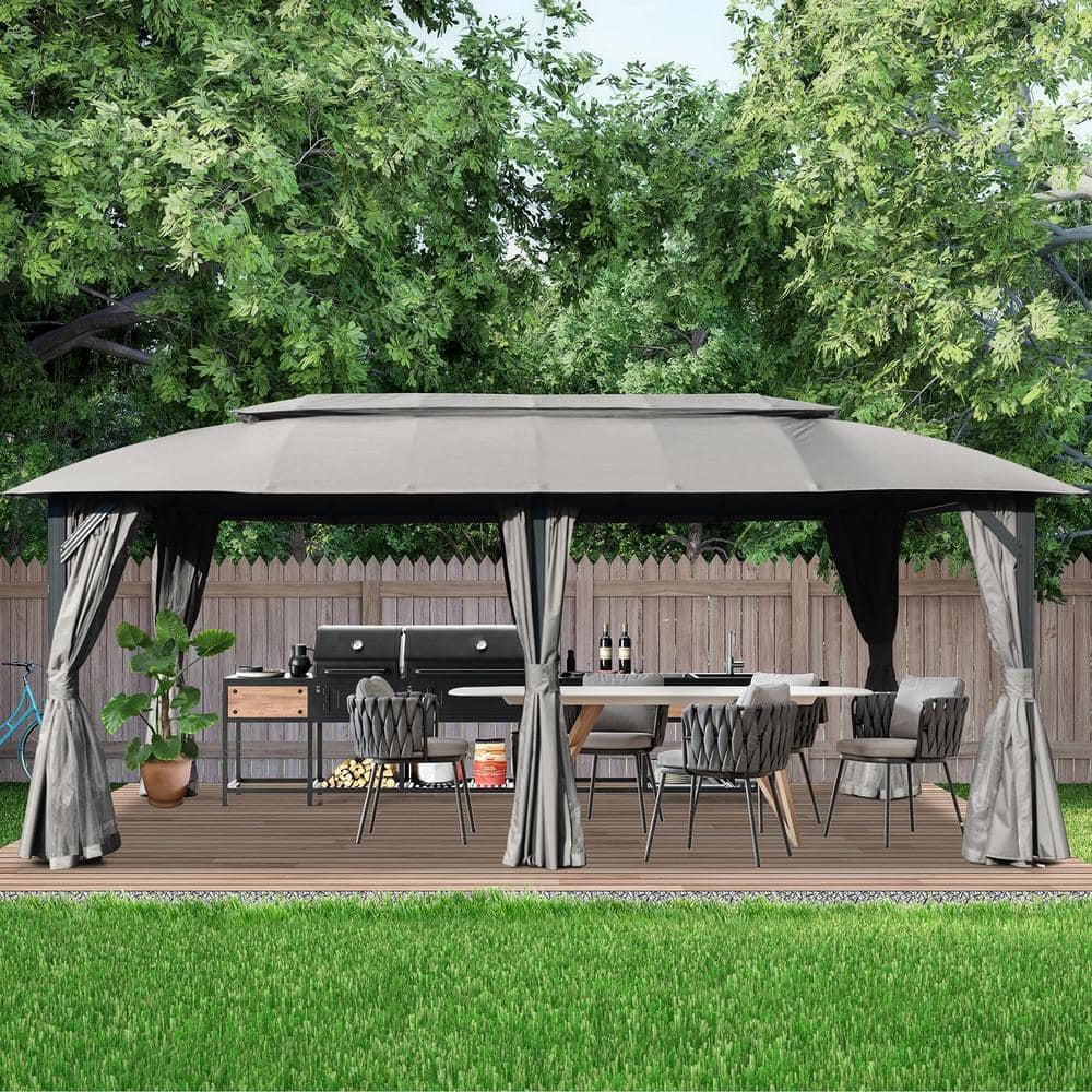 10 ft. x 20 ft. Dark Gray Steel Frame Outdoor Patio Double Canopy Gazebo with Gray Curtains and Mosquito Net price history on PriceWatchPro