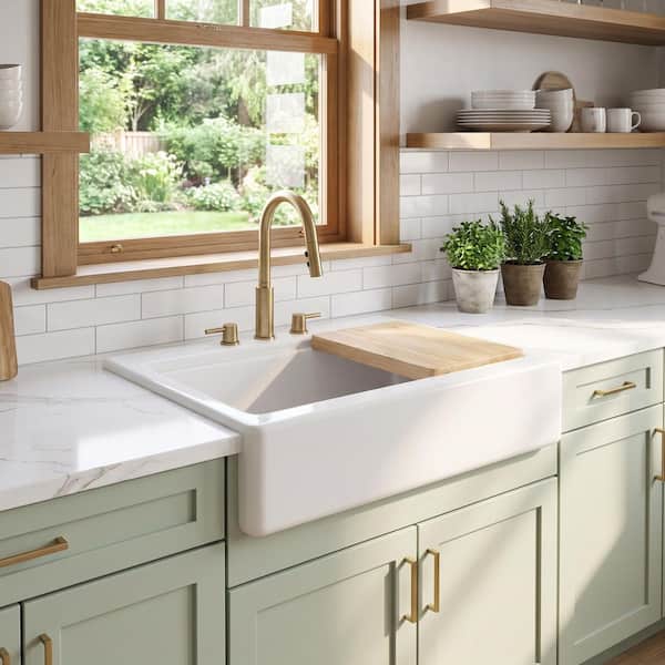 Parker 34 in. 3-Hole Quick-Fit Farmhouse/Apron-Front Drop-In Single Bowl White Fireclay Workstation Kitchen Sink