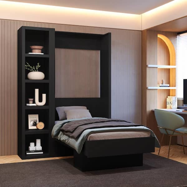 Oakland Living Easy-Lift Black Wood Frame Twin Murphy Bed with Bookshelf