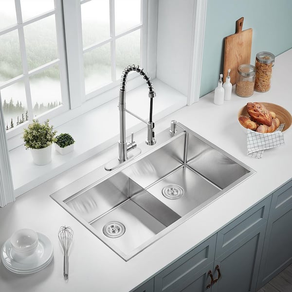 Serene Valley Stainless Steel 36 in. Double Bowl Drop-In or Undermount Kitchen Sink with Thin Divider, Silver