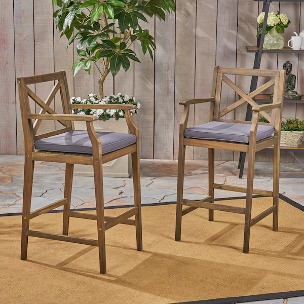 Unbranded 2-Piece Grey Acacia Wood Outdoor Bar Stool Bar Height Patio Chair Outdoor Dining Chairs Barstools with Gray Cushion