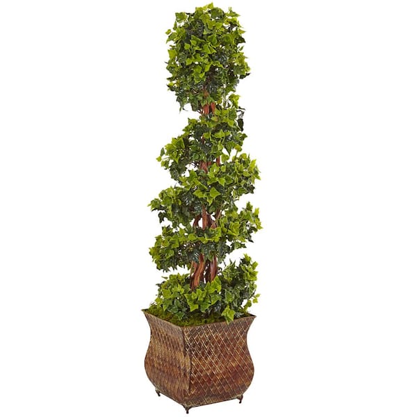 Nearly Natural Indoor/Outdoor English Ivy Spiral Artificial Tree in Metal Planter, UV Resistant