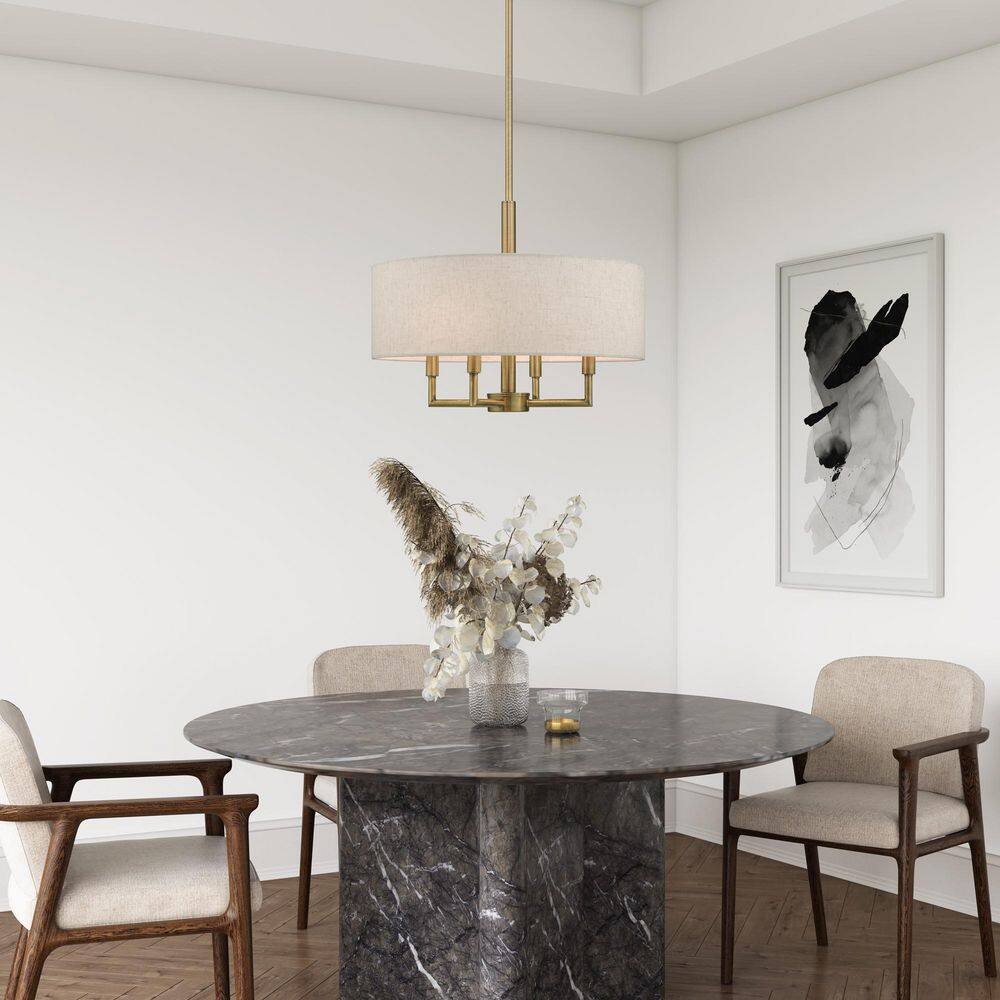 Antique Brass 4-Light Drum Chandelier with Oatmeal Shade