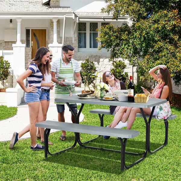 Gymax 59 in. Grey Rectangle Stainless Iron Picnic Table Seats 4 People Camping Picnic Bench Set GYM06714