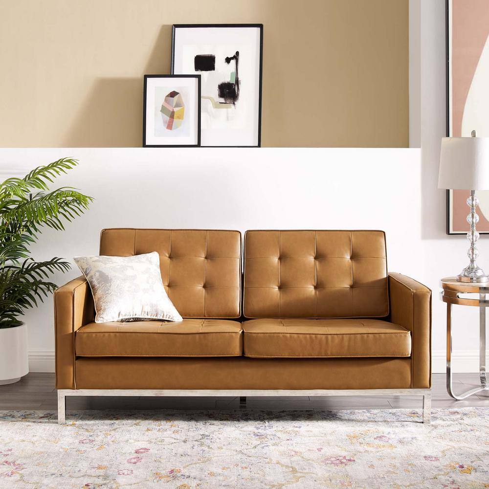 Silver Tan Tufted Faux Leather Loveseat with Metal Legs