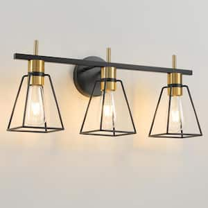 22 in. 3-Light Black and Gold Vanity-Light with Metal Cage Shade Rustic Farmhouse Bathroom-Light Fixture