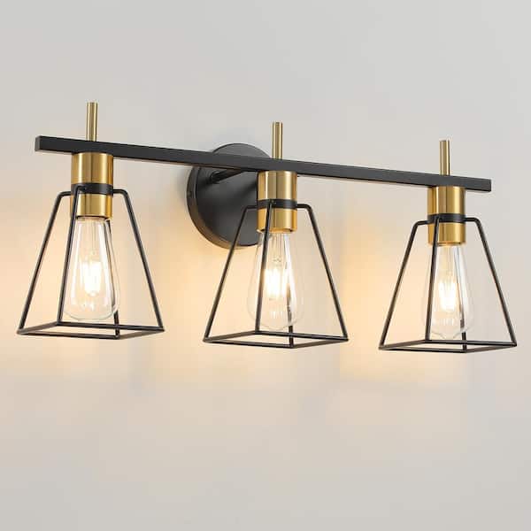KAISITE 22 in. 3-Light Black and Gold Vanity-Light with Metal Cage Shade Rustic Farmhouse Bathroom-Light Fixture