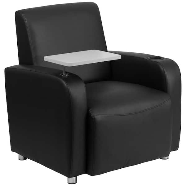 Black George Leather Soft Guest Chair with Tablet Arm and Cup Holder, Modern Upholstered Tablet Arm Chair for Offices