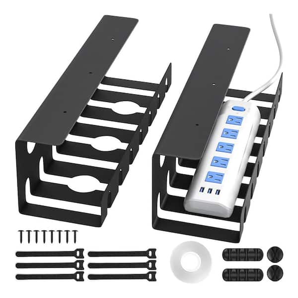 2 Pack Metal Under Desk Cable Management Tray U-Channel Cord Organizer Box with Accessories Black 15.75 in.