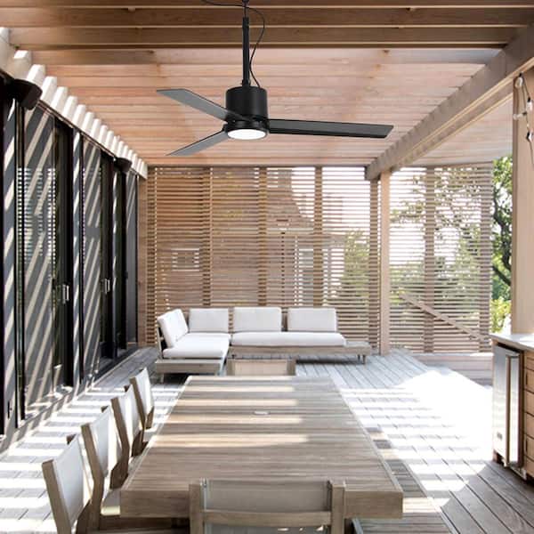 42 in. Outdoor Integrated LED Matte Black Rope Hook Hanging Ceiling Fan with Light and Remote Control