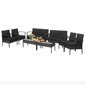 8-Pieces Wicker Patio Conversation Set Cushioned Sofa Armrest Garden with Black Cushion