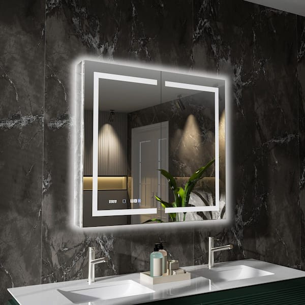 42 in. W x 36 in. H Rectangular Silver Aluminum Recessed/Surface Mount Medicine Cabinet with Mirror, LED and Clock