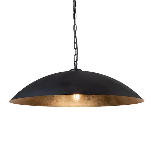 HUOKU PCover 27.6 in.W 1-Light Dome Black and Dark Gold Foil Pendant Light Modern Transitional Hanging Light
