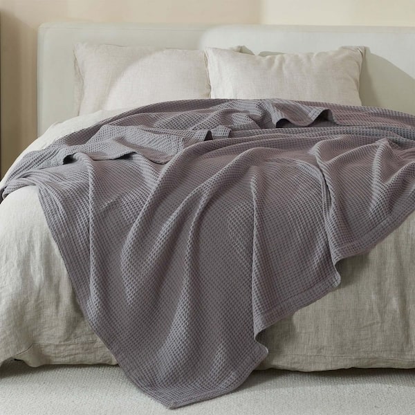 FRESHFOLDS Dark Grey 100% Cotton Dark Grey Waffle Weave Throw Blanket