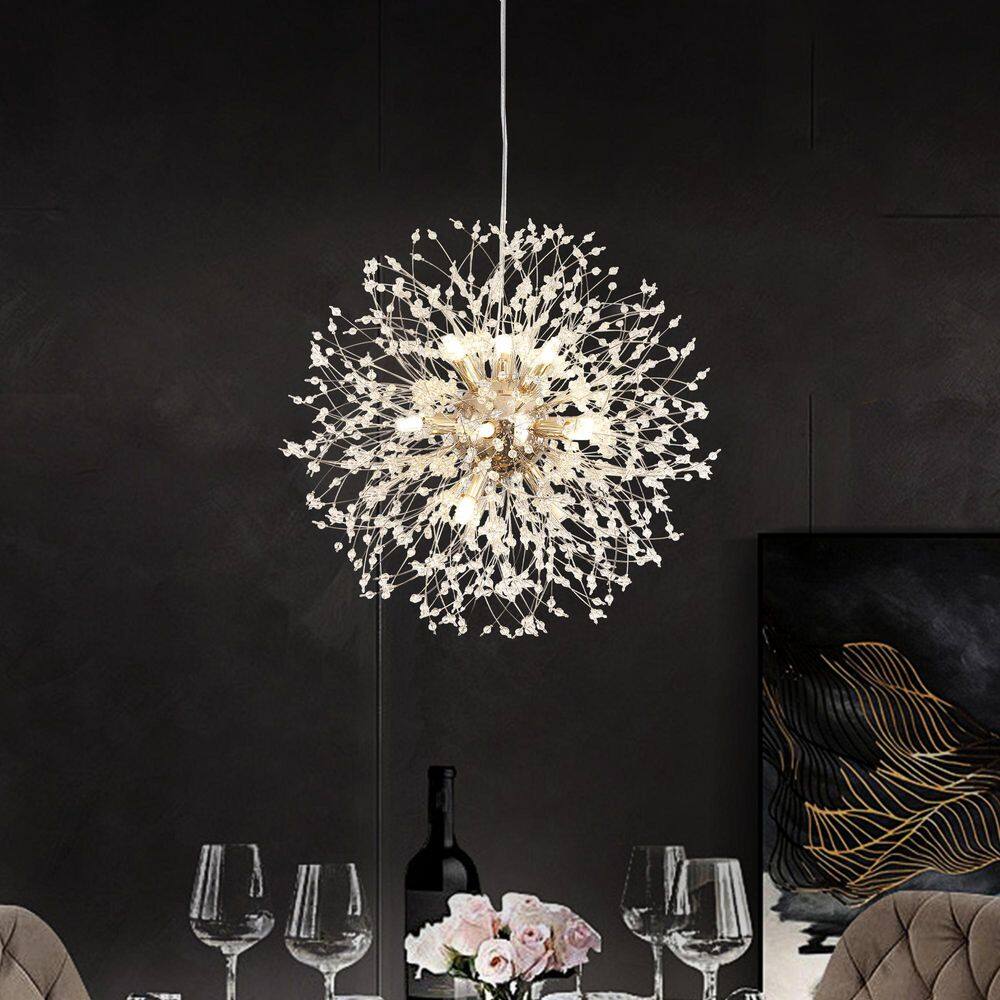Modern 23.62 in. 12-Light Chrome Dandelion Firework Crystal Starburst Chandelier with 56 Crystal Strands for Dining Room price history on PriceWatchPro