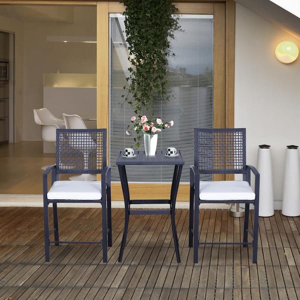 Tenleaf 3-Piece Black Metal Outdoor Bistro Set with Soft White Cushions