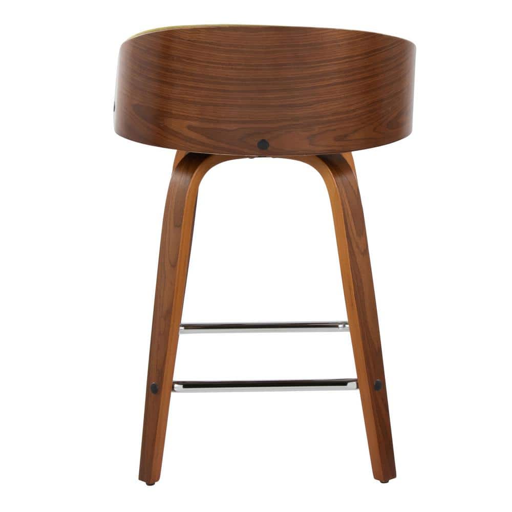 Walnut and Green Upholstered Swivel Counter Stools, Set of 2