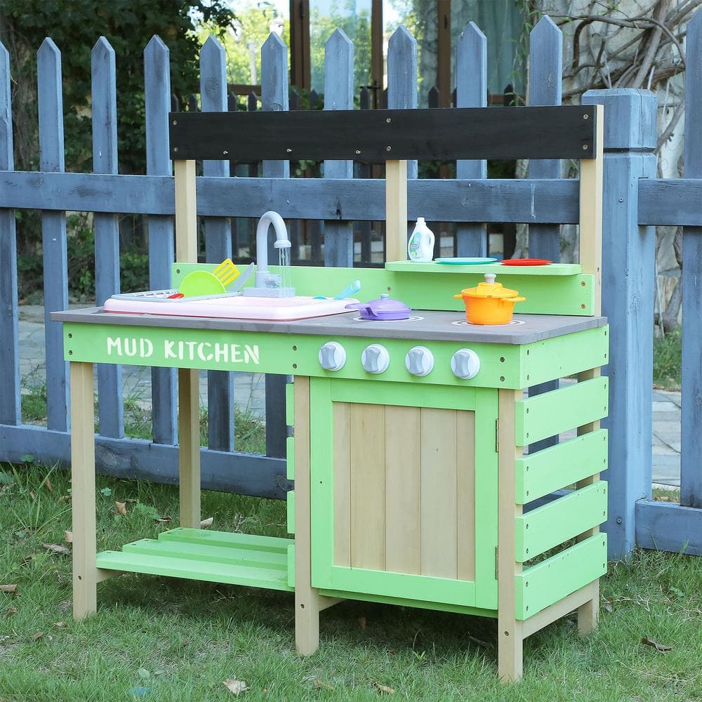 GOGEXX 36 in. L x 15 in. Woden Kids Kitchen Playset, Pretend Mud ...