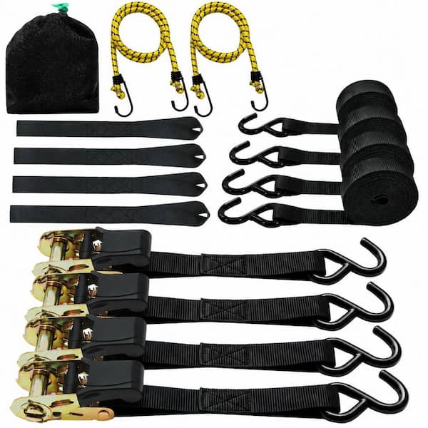 15 ft. x 1 in. Ratchet Tie Down Straps with S-Hooks and Soft Loops for Motorcycles, ATVs, Cargo, 4 Pack