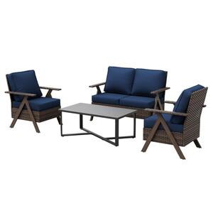 Poteban Gray Wicker Material 5-Person Patio Conversation Set With Navy ...