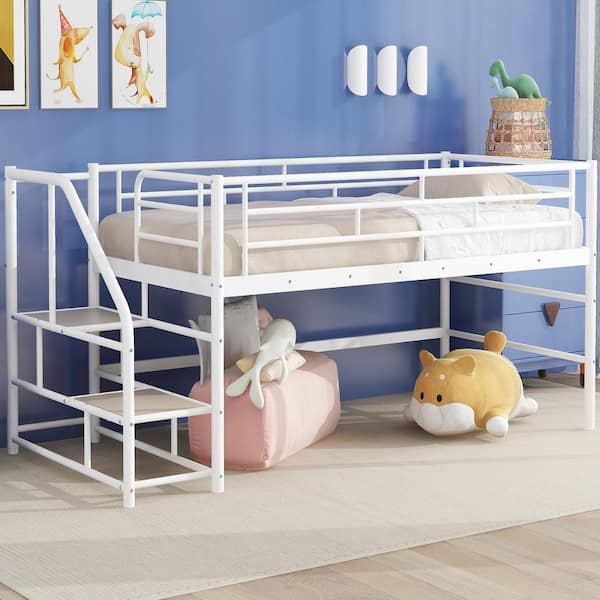Harper & Bright Designs White Twin Size Metal Low Loft Bed with Stairs