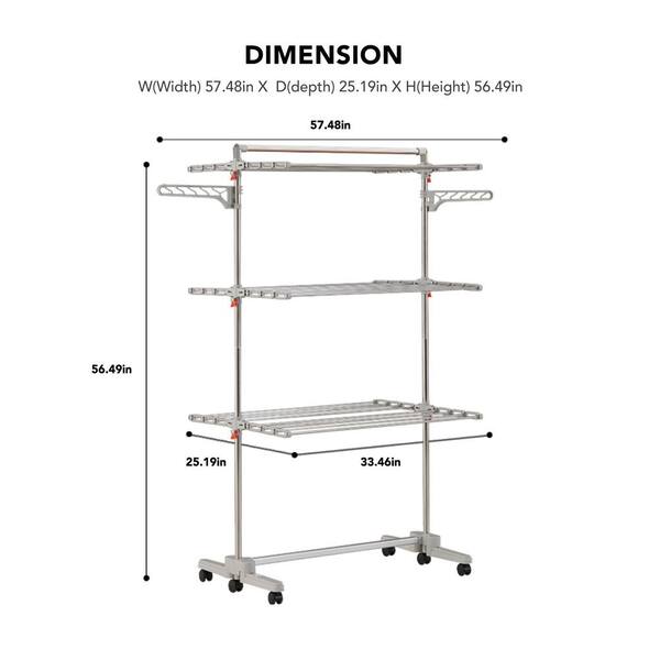 Hulife 57 1/2 in. x 56 1/2 in. 3-Tier Foldable Drying Garment Rack with Hanging Pole, Stainless Steel/Gray