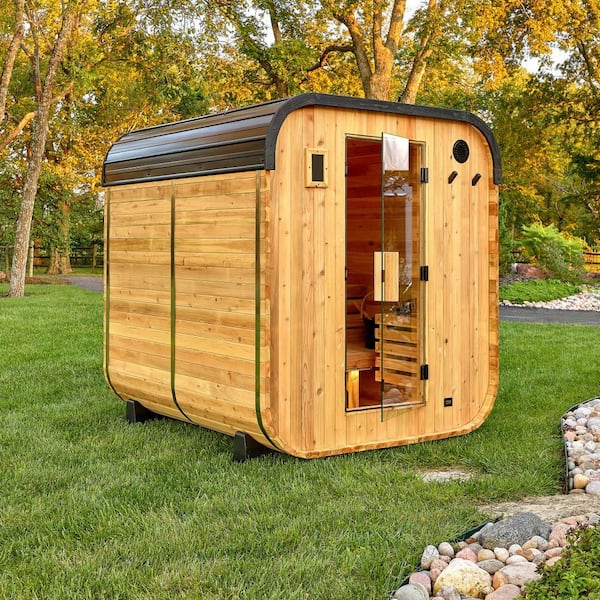 Lennon 6-Person Outdoor Cedar Traditional Wet/Dry Cube Sauna with 9kW Electric Heater, Wi-Fi Control, LED Lights